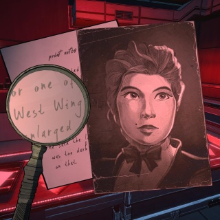 Screenshot aus dem Spiel "Blue Prince": In einem rot ausgeleuchteten Raum ist das Foto einer Frau zu sehen, dazu eine Lupe, die auf ein Schriftdokument gerichtet ist.