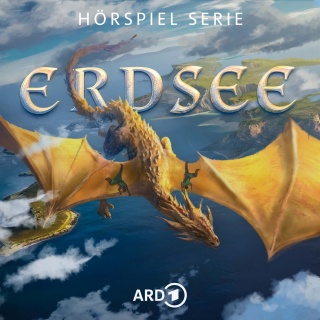 Illustration: Zwei Menschen reiten auf einem Drachen, darüber der Schriftzug "Hörspiel Serie Erdsee"