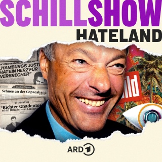 Die Podcast Grafik „Die Schill-Show“ zeigt ein Porträt von Ronald Schill vor Zeitungsartikeln über ihn als Richter Gnadenlos.
