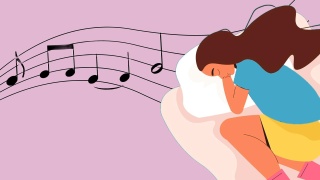 Einschlafen mit Musik - Symbolbild: Eine Frau bettet den Kopf auf ein Kissen, dahinter schweben Musiknoten