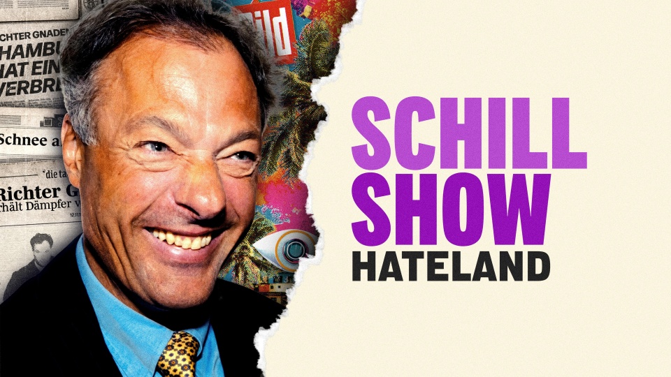 Die Podcast Grafik „Die Schill-Show“ zeigt ein Porträt von Ronald Schill vor Zeitungsartikeln über ihn als Richter Gnadenlos.
