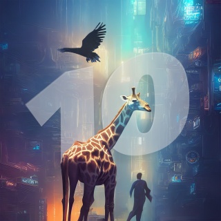Eine Giraffe, ein Raubvogel und ein Mensch vor einer stilisierten, technisch anmutenden Textur, dahinter die Zahl Zehn als Wassserzeichen
