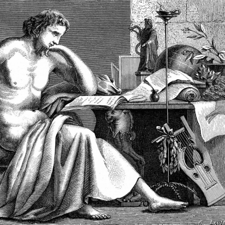 Historische Zeichnung des griechischen Philosophen Aristoteles (384-322 v.Chr.) als junger Mann in seinem Studienraum.