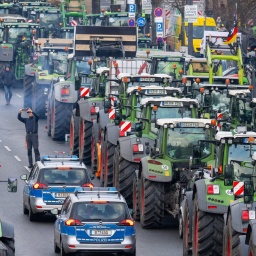 In Berlin stehen bei einer Großkundgebung von Landwirten zahlreiche Traktoren, Lastwagen und Autos auf der Straße des 17. Juni. 