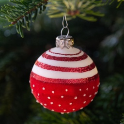 Eine rote Weihnachtskugel mit weißen Punkten hängt an einem geschmückten Weihnachtsbaum.