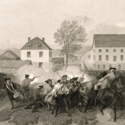 Historische Darstellung einer Kampfhandlung von Menschen mit Gewehren teilweise zu Fuß, teilweise auf Pferden.