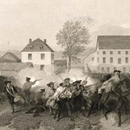 Historische Darstellung einer Kampfhandlung von Menschen mit Gewehren teilweise zu Fuß, teilweise auf Pferden.