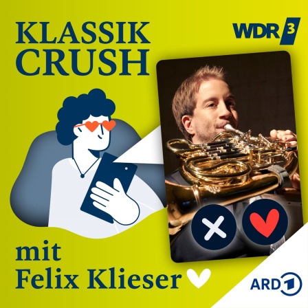 Ein junger Mann spielt Horn mit den Füßen. Daneben der Schriftzug "Klassik Crush"