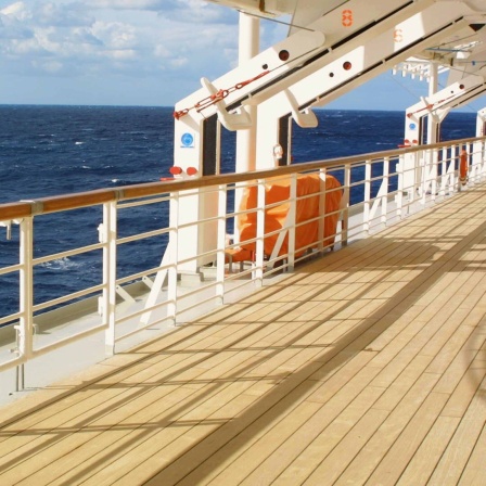 Die Reling eines Kreuzfahrtschiffes.