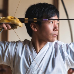 Porträt eines jungen japanischen Mannes, der konzentriert seinen Bogen aufspannt.