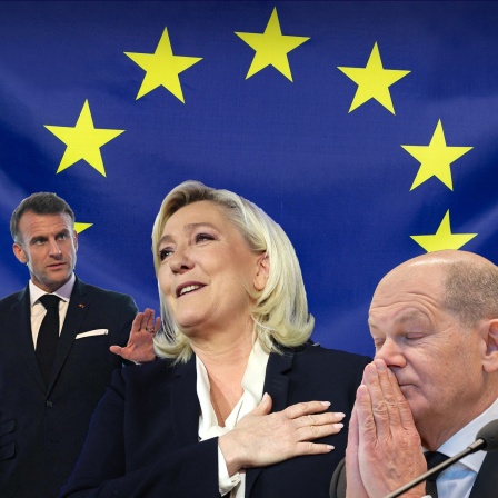 Montage von Emmanuel Macron, Marine Le Pen und Olaf Scholz vor EU-Flagge