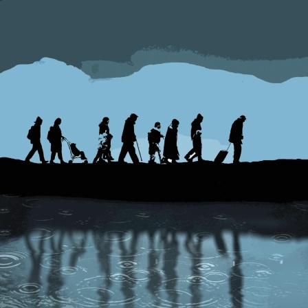 Illustration: Eine Reihe von Flüchtlingen sind im Regen unterwegs.