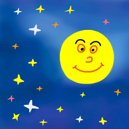 Kinderzeichnung aus Deutschland: Der Mond trägt eher männliche Züge mit dunklen Augenbrauen. Im Deutschen ist es &#034;die Sonne&#034; und &#034;der Mond&#034;. Im  Französischen ist es umgekehrt: &#034;le soleil&#034;, &#034;la lune&#034;. Im deutschen Sprachraum wird auf Kinderbildern von Sonne und Mond die Sonne oft eher weiblich und der Mond männlich dargestellt - im Französischen ist es umgekehrt.
