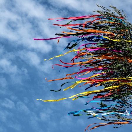 Ein Maibaum mit bunten Bändern weht im Wind vor blauem Himmel.