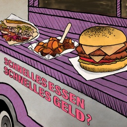 Die Grafik für WDR 5 Tiefenblick "Schnelles Essen, schnelles Geld?" zeigt einen Döner, eine Schale Currywurst und einen Burger auf der Theke eines Foodtrucks