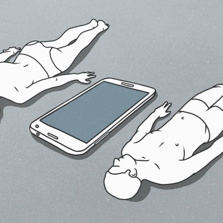 Illustration von zwei Menschen, ein Mann und eine Frau, sie liegen zwischen einem lebensgroßem Smartphone.