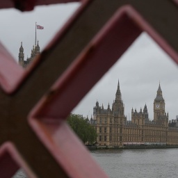 Blick durch ein Brückengeländer auf die Themse und das britische Parlament