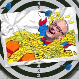 Eine Fotomontage zeigt eine Postkarte auf einer Dartscheibe. Die Postkarte zeigt Friedrich Merz´ Kopf auf dem Körper von Dagobert Duck, der in seinen Talern badet.