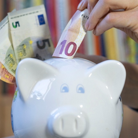 Eine Hand steckt Geldscheine in ein Sparschwein.