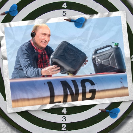 Fotomontage zeigt Wladimier Putin, der etwas aus einem Kanister in eine Leitung mit der Aufschrift LNG kippt.