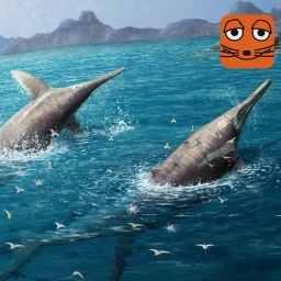 Ein gemaltes Bild von einem Paar schwimmender Ichthyotitan severnensis.