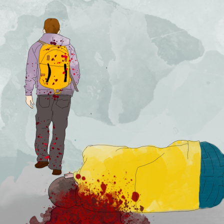 Zeichnung zeigt Mann mit Rucksack, der weggeht und Leiche in einer Blutlache.