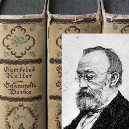Buchrücken: Gottfried Keller: Gesammelte Werke, Zeitgenössisches Porträt des schweizer Schriftstellers Gottfried Keller (1819-1890)