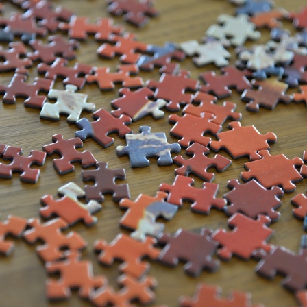 Teile eines Puzzles liegen auf einem Tisch.