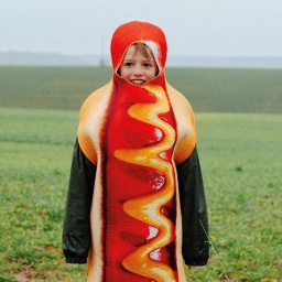 Ein kleiner Junge steht in einem Hotdog-Kostüm auf einem grünen Feld.