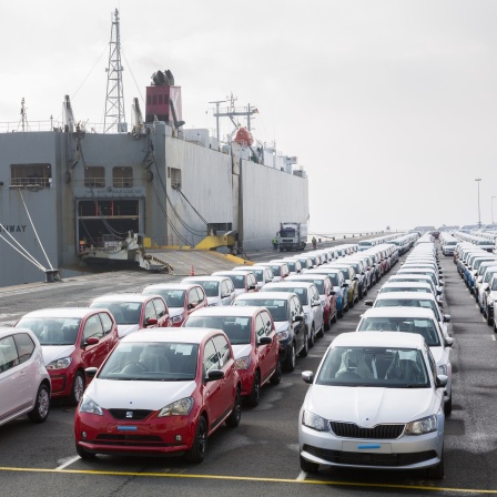 Fahrzeuge des Volkswagen-Konzerns stehen im Hafen von Emden zur Verschiffung bereit