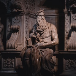 Die Marmorfigur "Moses" von Michelangelo blickt nach rechts.