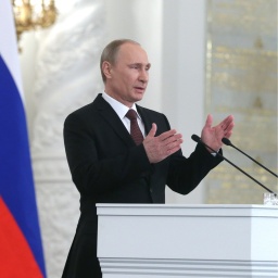 Russlands Präsident Wladimir Putin hält am 18. März 2014 eine &#034;Rede an die Nation&#034; im Zusammenhang mit den Ereignissen auf der Krim