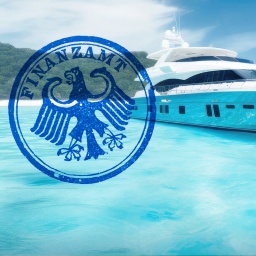 Eine Luxusyacht liegt vor der Küste einer Insel, daneben der Stempel des Bundesfinanzamts