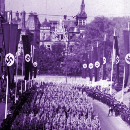 Deutschland 1935: Aufmarsch des Arbeitsdienstes in Nürnberg beim Reichsparteitag auf dem Zeppelinfeld. Die Fotografie ist violett eingefärbt.