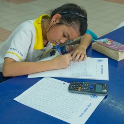 Zu sehen ist ein Mädchen bei Matheübungen in einer Grundschule in Singapur.