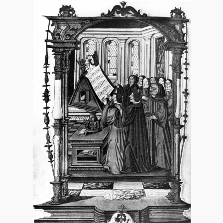 Ockeghem (mit Brille) im Kreise von acht Kapellsängern. (Buchminiatur, 15. Jahrhundert.)