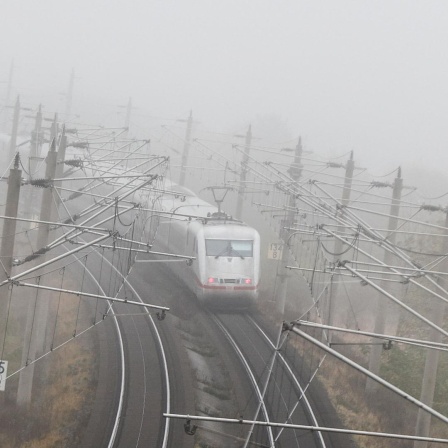 Ein ICE-Zug der Deutschen Bahn fährt bei nebligem Herbstwetter auf einer Bahnstrecke.