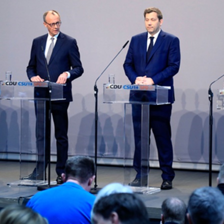 Pressekonferenz von CDU, CSU und SPD zur Vorstellung des Koalitionsvertrages im Paul-Löbe-Haus. Berlin, 09.04.2025.