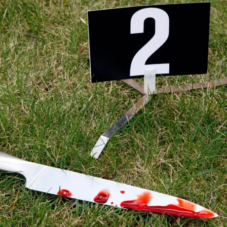 Bei einer Spurensicherung liegt ein blutiges Messer auf einer Wiese und ist mit der Nummer zwei gekennzeichnet.
