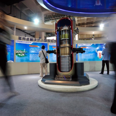 Besucher gehen an einem Modell eines kleinen modularen Mehrzweckreaktors vorbei.