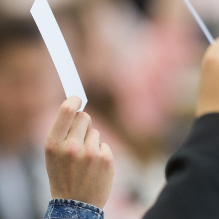 Schüler stimmen im Plenarsaal des Landtages über einen Antrag ab.