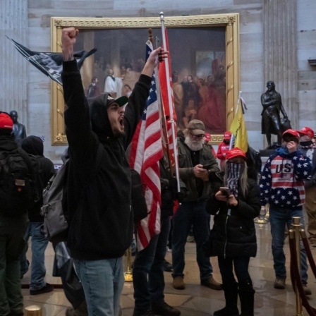 Ein Mob von Trump-Anhängern läuft durch eine Halle im Kapitol. Ein Mann in der Mitte hebt triumphierend die Arme. 