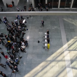 Esken, Merz, Klingbeil und Söder stehen vor der Presse.