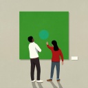 Illustration: Ein Paar steht vor einem grünen Gemälde und zeigt mit dem Finger darauf.
