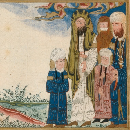 Mohammed, seine Tochter Fatima, sein Vetter Ali ibn Abi Talib (Mohammeds Vetter und durch Heirat mit Fatima auch sein Schwiegersohn) und seine beiden Enkel al-Hasan u. al-Husain. Miniatur aus einer arabischen Handschrift (18.Jh.)