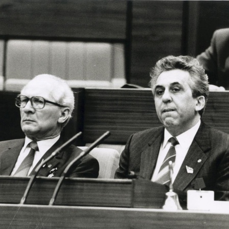 Schwarzweißaufnahme von Egon Krenz und Erich Honecker im Parlament.