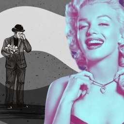 Marilyn Monroe, daneben die Illustration eines weinenden Mannes.