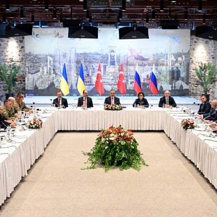Die russischen und ukrainischen Delegationen nehmen an Gesprächen im Dolmabahçe-Palast in Istanbul (Türkei) teil.