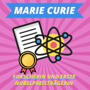 Episodenbild vom MDR TWEENS Podcast Magisches Mikro auf dem eine Urkunde und ein Atom abgebildet ist und die Schrift "Marie Curie, Forscherin und erste Nobelpreisträgerin"
