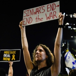 Eine Demonstrantin hält ein Schild über die Ermordung des Hamas-Führers Yahya Sinwar während einer Demonstration, bei der ein Waffenstillstandsabkommen und die sofortige Freilassung der von der Hamas festgehaltenen Geiseln gefordert wird.